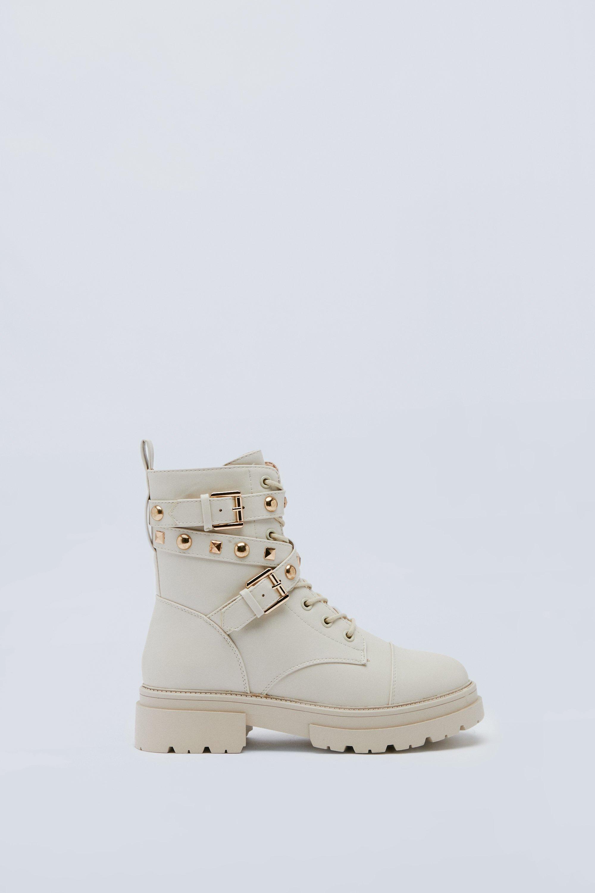 Faux Leather Studded Buckle Hiker Boots Nasty Gal